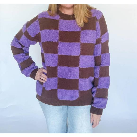 NEW PRETTY GARBAGE old faithful checker sweater in brown and purple - Picture 1 of 10